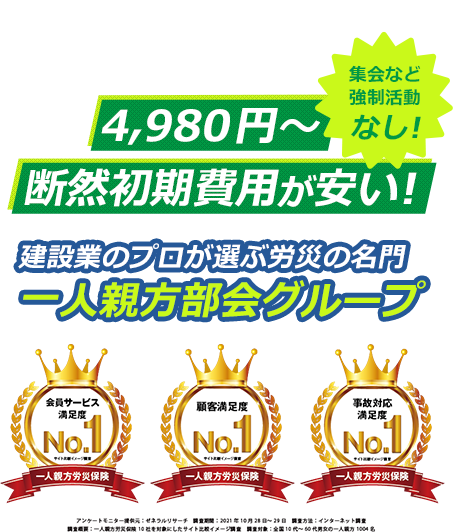 最短当日に労災保険番号発行！月々4,980円～断然初期費用が安い!建設業のプロが選ぶ労災の名門一人親方部会グループ